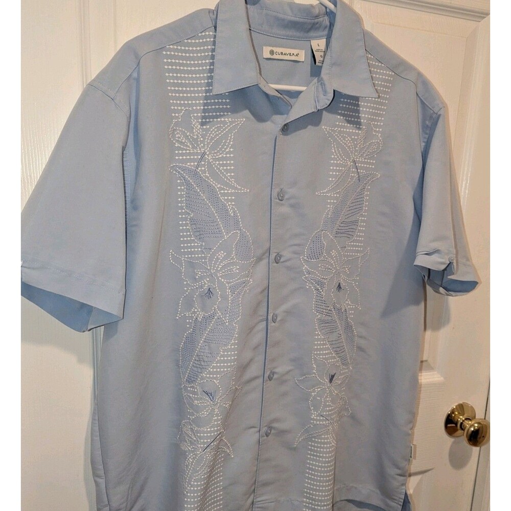 Cubavera Large Blue Short Sleeve‎ Button Front Floral Embroidered Panel Shirt